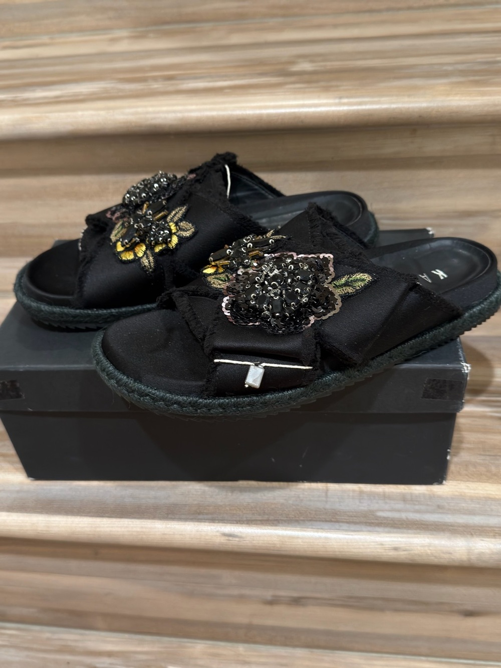 Embellished Black Slide Mules with Floral Beading
